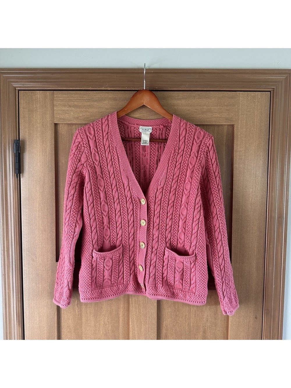 Vintage L.L Bean Chunky Cable Knit Cardigan Sweater Mauve Rose Women's Medium